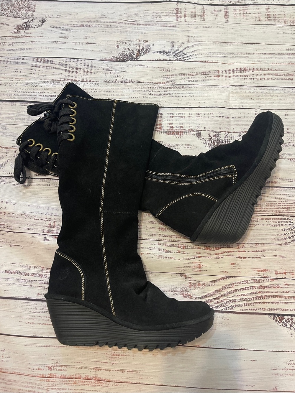 Fly London Yust Black Suede Wedge Lace Up Mid-Calf Boots